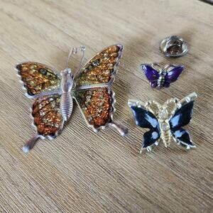 3 Vtg Butterfly Brooch Pin Goldtone Sparkling Multicolor Enamel Rhinestone LC